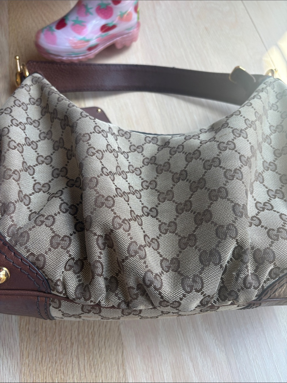 Gucci Beige and Brown GG Monogram Shoulder Bag with Gold Hardware - Picture 6 of 14
